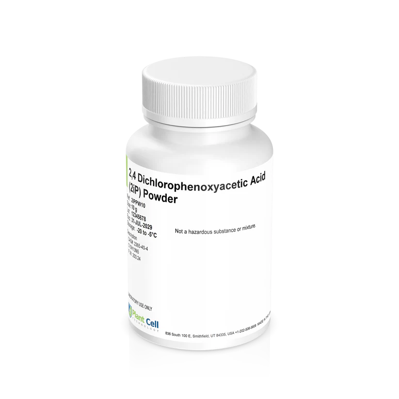 Plant Cell 6-(γ,γ-Dimethylallylamino) Purine (2iP) Powder 1 White bottle labelled Plant Cell Thidiazuron Solution (TDZ) 100 ml (Copy) on a plain background. Often used with Dichlorophenoxyacetic Acid (2,4-D) Powder in plant tissue culture applications.