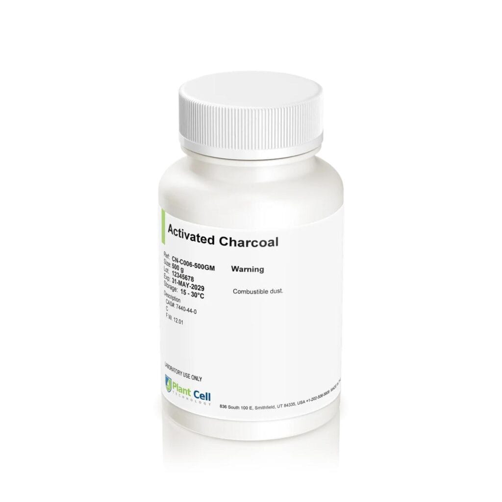 A white plastic bottle labelled Plantcell Activated Charcoal with a white cap is displayed against a white background.