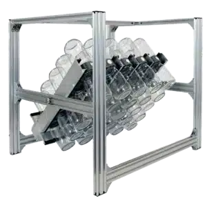 Melbourne 12 Sturdy metal frame for Plant Cell BioTiltâ„¢ 25 holds multiple glass bottles at an angle, ideal for lab or industrial use in plant cell research.