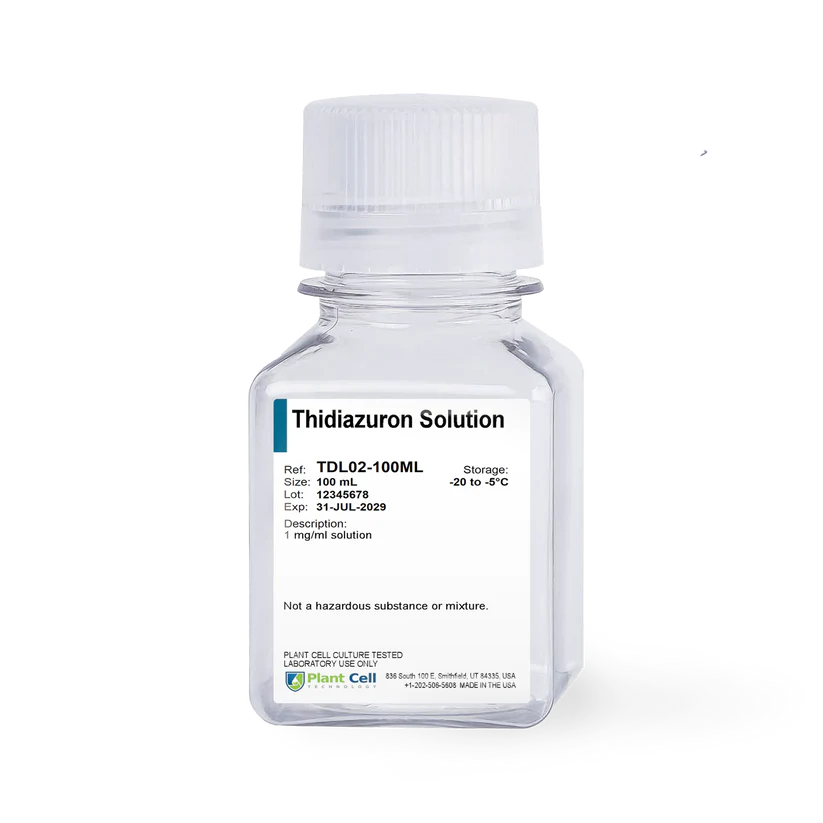 Plant Cell Thidiazuron Solution(TDZ) 100 ml | 1mg/ml concentration 1 A 100 ml clear plastic bottle labelled Plant Cell Thidiazuron Solution (TDZ) with storage and safety info on the front.