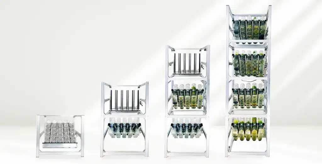 Four clear shelves, each stacked with various bottles, arranged in increasing height from left to right.