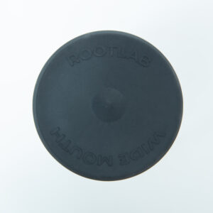 Black circular rubber lid for Silicone Mason Jar | Wide Mouth, featuring ROOTLAB and WIDE MOUTH embossed on top, designed to fit wide mouth jars.