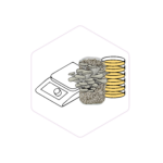 Illustration of mushrooms growing on a substrate, with a scale and stacked yellow coins in the background.