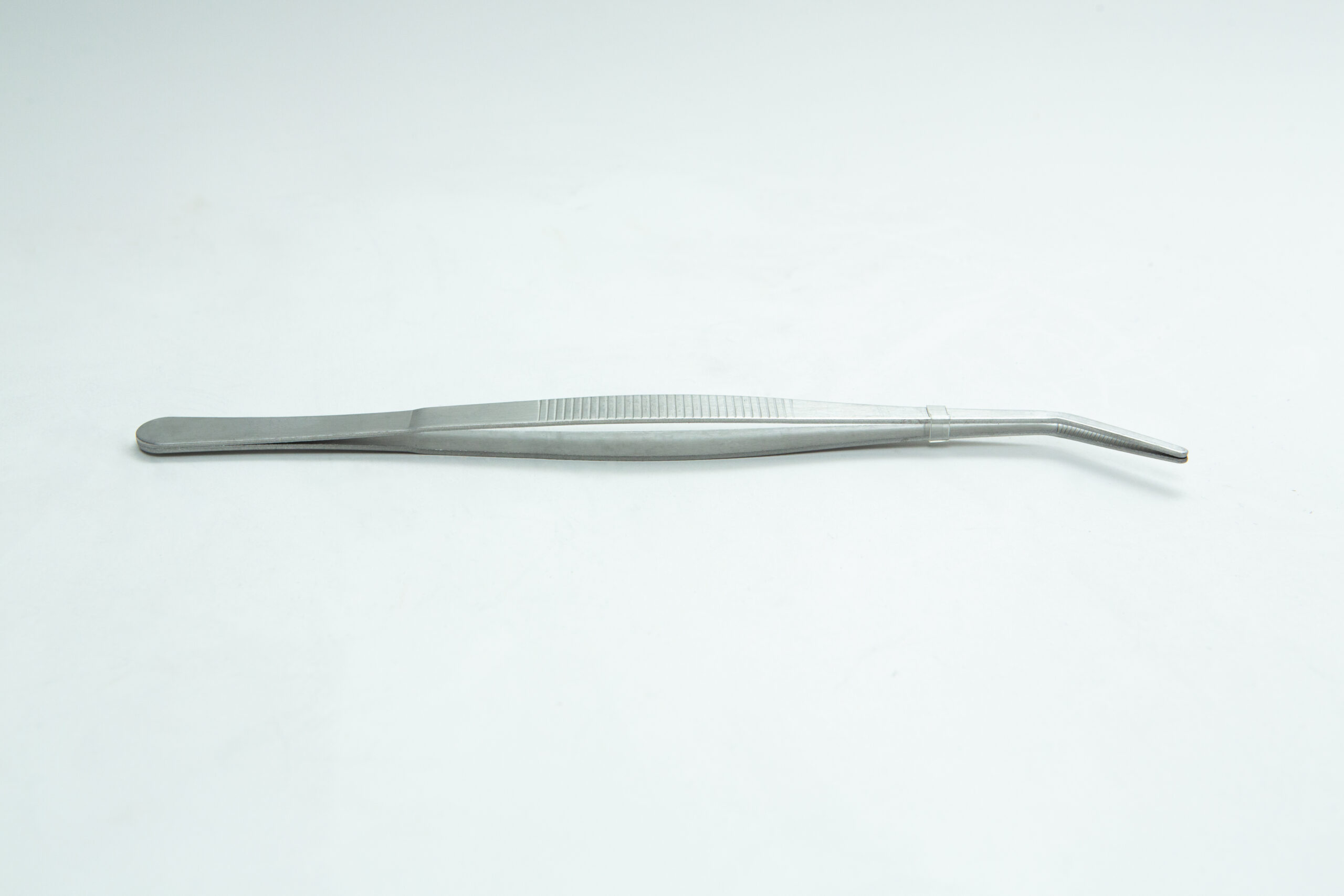 Stainless Steel Plant tissue culture Lab Forceps | Curved & Straight Tips | 25cm 2 A pair of metal tweezers with a bent tip on a plain white background.