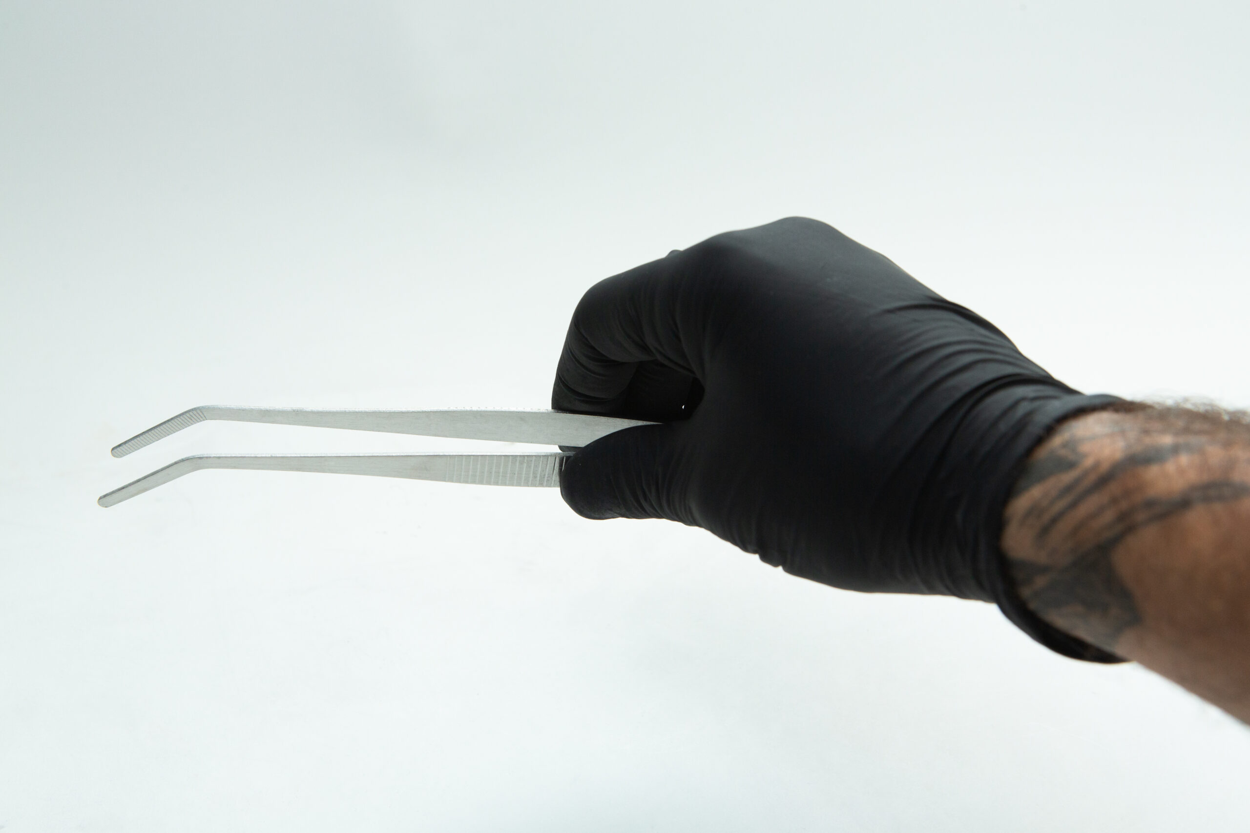 Stainless Steel Plant tissue culture Lab Forceps | Curved & Straight Tips | 25cm 4 A gloved hand holds metal tweezers against a plain white background.