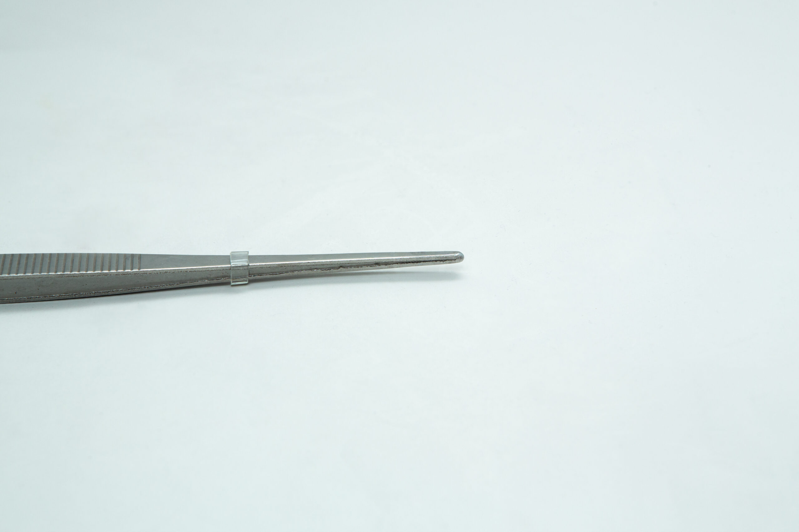 Stainless Steel Plant tissue culture Lab Forceps | Curved & Straight Tips | 25cm 7 A pair of metal tweezers is positioned on a plain white background, pointing to the right.