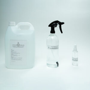 Three clear bottles of varying sizes with white labels, containing Hypochlorous Acid (HOCL) | PPM 40 for cleaning, displayed on a plain white background.