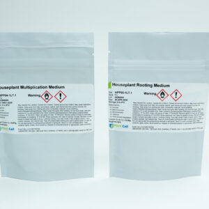 Two silver pouches labelled Houseplant Multiplication Medium and Houseplant Rooting Medium on a white background.