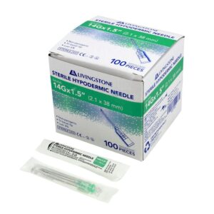 Box and packets of Livingstone sterile hypodermic needles, 14Gx1.5, 100 pieces, shown on a white background.