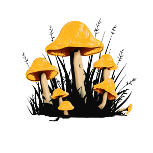 Illustration of yellow mushrooms with tall stems growing among black grass and small plants, perfect for an Elementor archive or creative project inspired by #25129.