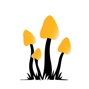 Four stylised yellow mushrooms with black stems and grass on a white background, perfect for enhancing your Elementor archive or boosting SEO with unique visuals.