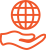 An orange outline of a hand holding a globe with grid lines, symbolising global care or support.