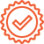 Orange tick inside a zigzag-edged circle, symbolising approval, certification, or quality.